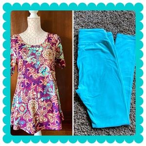 LulaRoe multi color top and leggings EUC